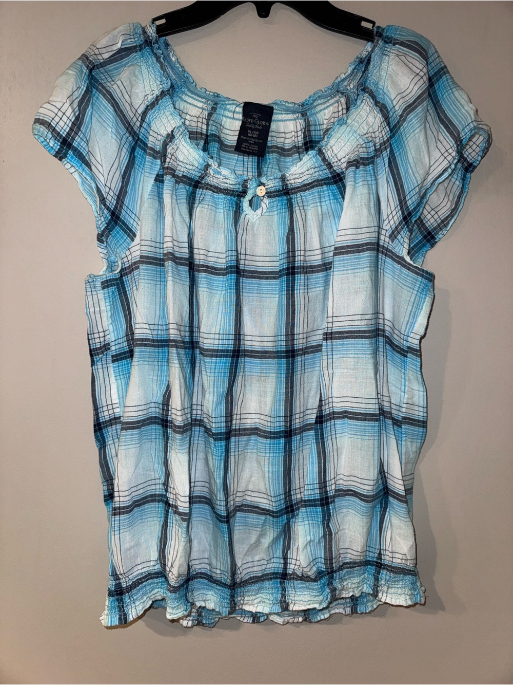 Faded Glory Womens XL Blue White Black Plaid Cotton Woven Scoop Neck Blouse